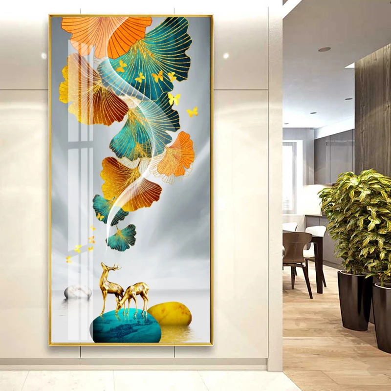 New Chinese Luxury Ginkgo Biloba Canvas Painting Colorful Leaves Gold Deer Zen Stone Posters Prints for Living Room Porch Decor