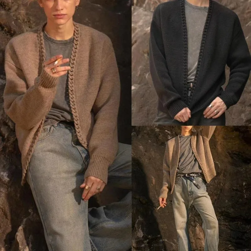 

Autumn Winter Loose Knitted Cardigan Top Men Vintage Casual Fashion Long Sleeve O Neck Open Front Knitwear