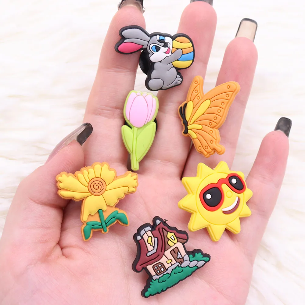 

Wholesale 50Pcs Sun Flowers Butterfly Castle Shoes Accessories PVC Shoe Buckle Decoration Fit Croc Charms Jibz Party Gifts