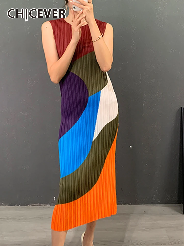 

CHICEVER Patchwork Folds Midi Dresses For Women Round Neck Sleeveless Summer Minimalist Slimming Hit Color Tank Dress Female New