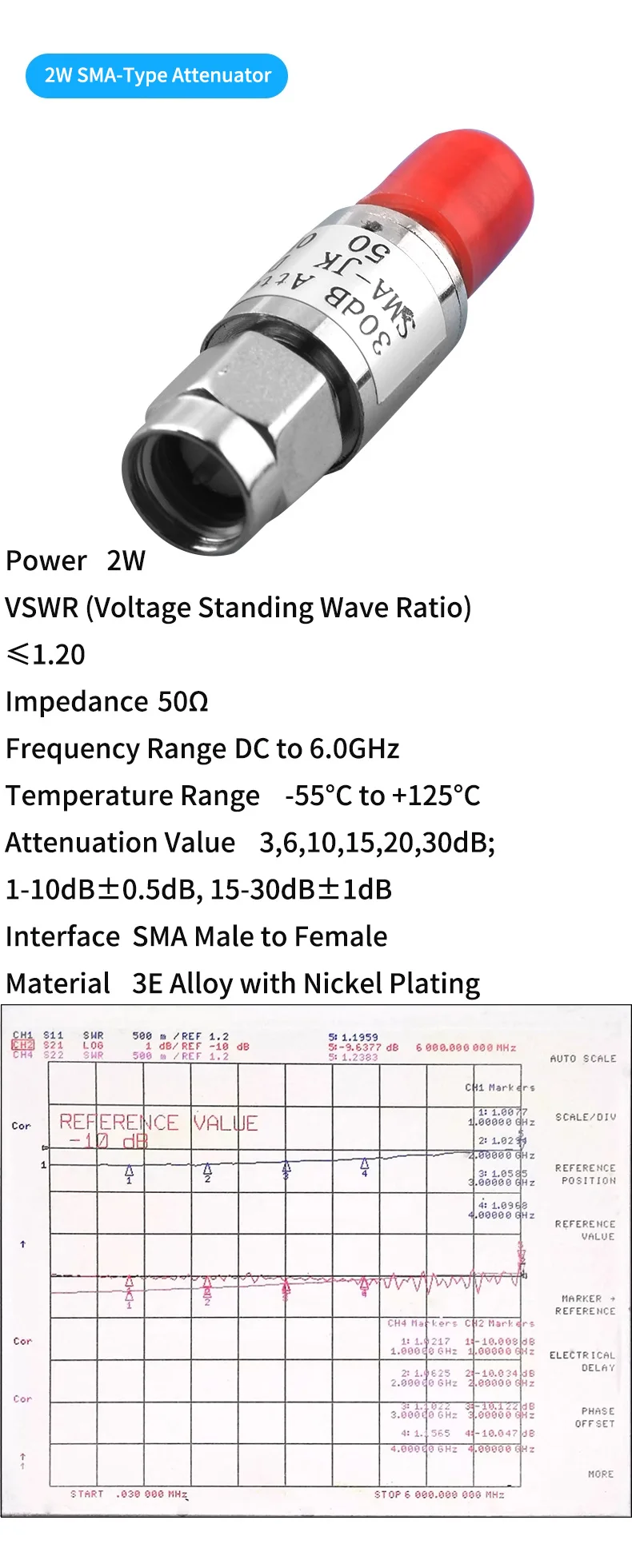 2 W/5 W koaxiales, festes HF-Signal, einstellbarer Hochleistungs-Dämpfungsglied, SMA-Typ, 10/30–90 dB, 0–6 GHz – Detail 3