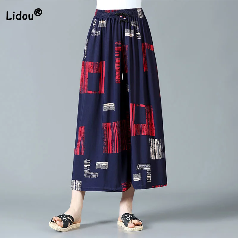 Vintage National Style Geometric Pattern Printing Loose Pantskirt Spring Autumn Elastic High Waist Nine Points Wide Leg Trousers high waist jeans women spring and autumn new loose straight pants korean wild nine points harem pants