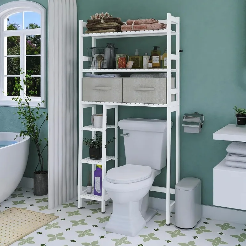 Over The Toilet Storage with Drawers, Large Bathroom Space Saver Organizer Rack, Freestanding Behind Toilet Stand with 6-Tier 3
