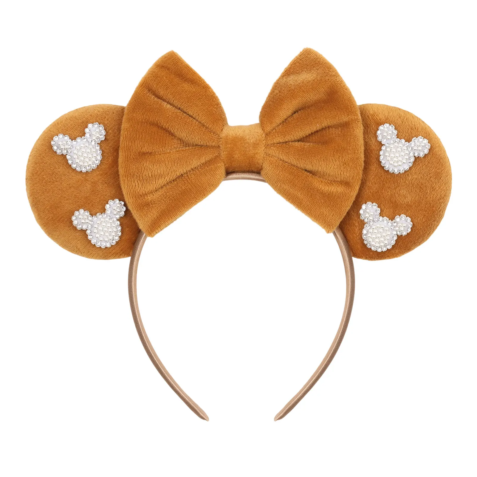 Cute Pink Plush Mouse Ears Headband With Rhinestone Bow Pearl Accents For Party Cosplay DIY Birthday Gift, Kids & Adults