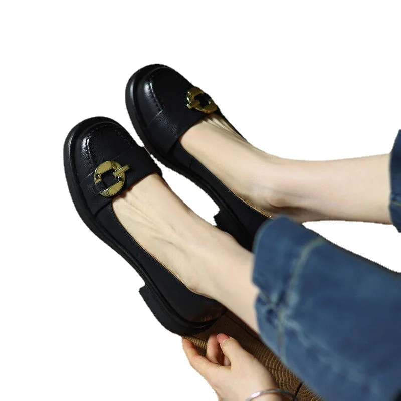 Spring Summer Retro Classic Working Casual Women Pumps Low Heels High Quality Genuine Leather New Chain Shoes Woman 2022 NEW
