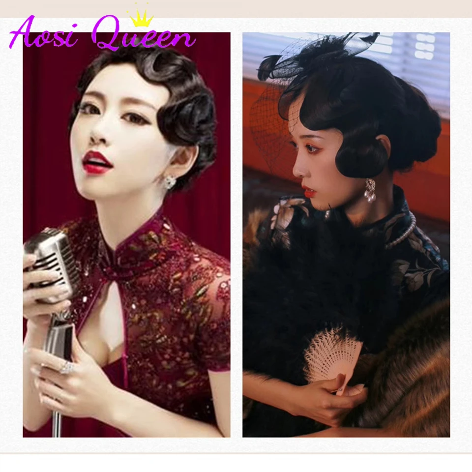 합성 복고풍 손으로 밀어 앞머리 리플 가발 조각 중국 치파오 헤어 스타일 헤어 액세서리 스타일링 신부 머리-Freehip.co.kr