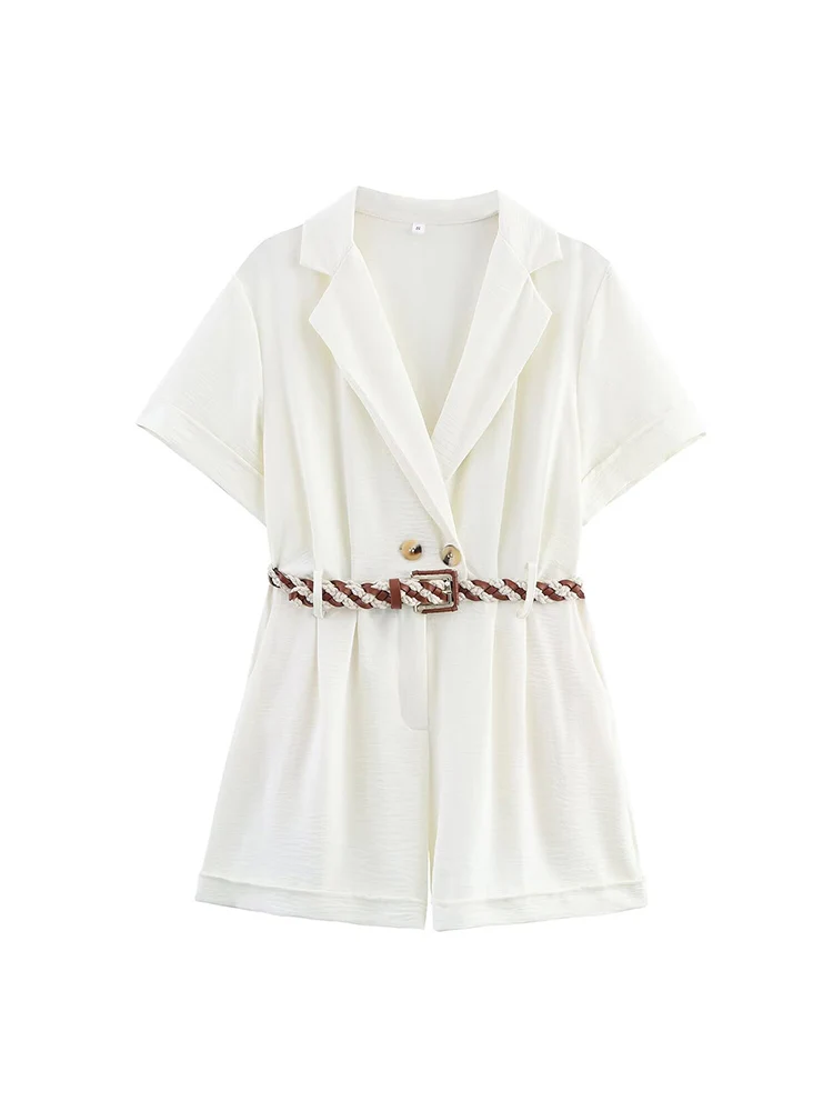 TFMLN Fashion White Playsuit For Women Double Breasted Short Sleeve Turn-down Collar Belt Playsuits 2025 Summer  Casual Wear