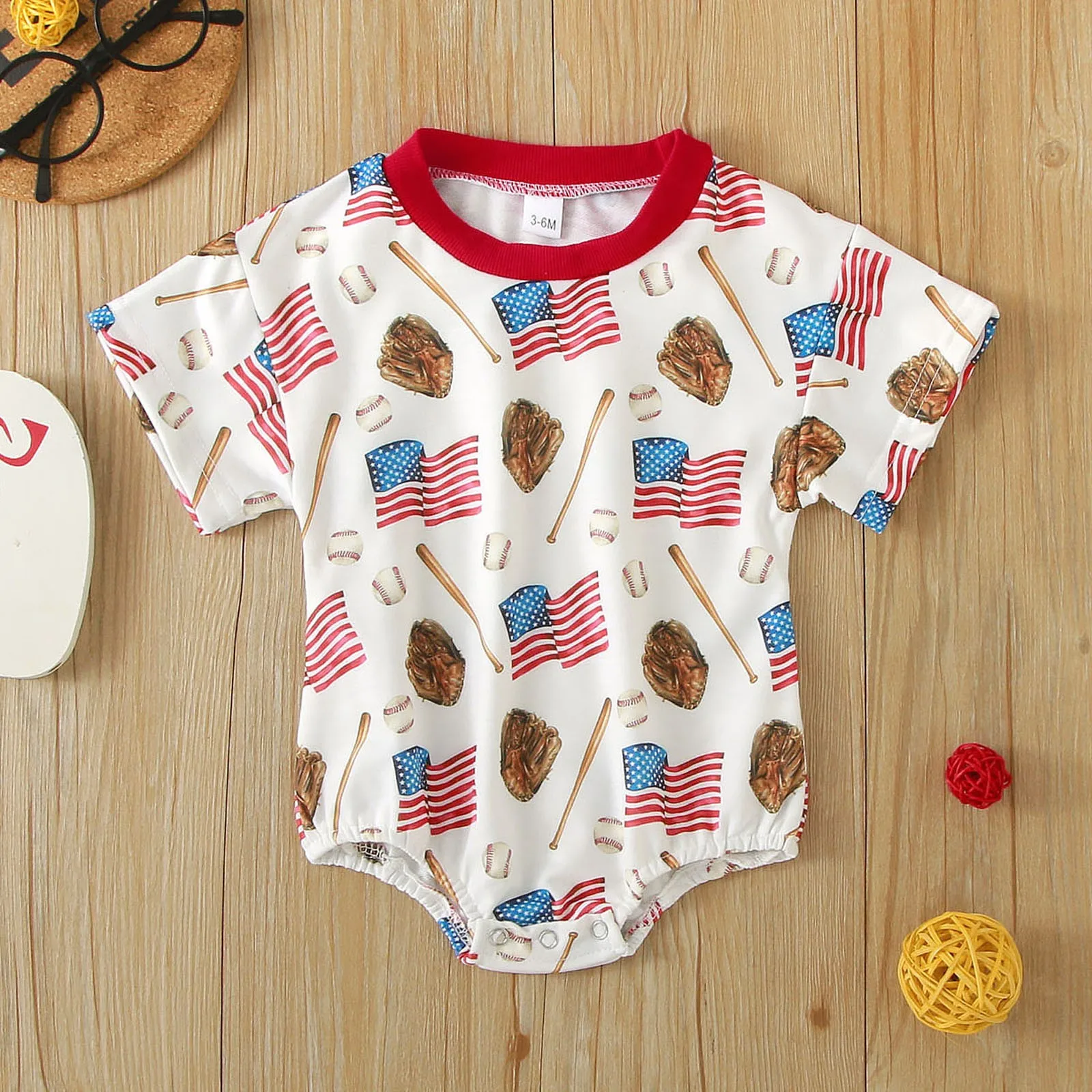  반팔 야구 레터 프린트 롬퍼, 독립 기념일 복장, 0M-3M-6M-12M-18M
