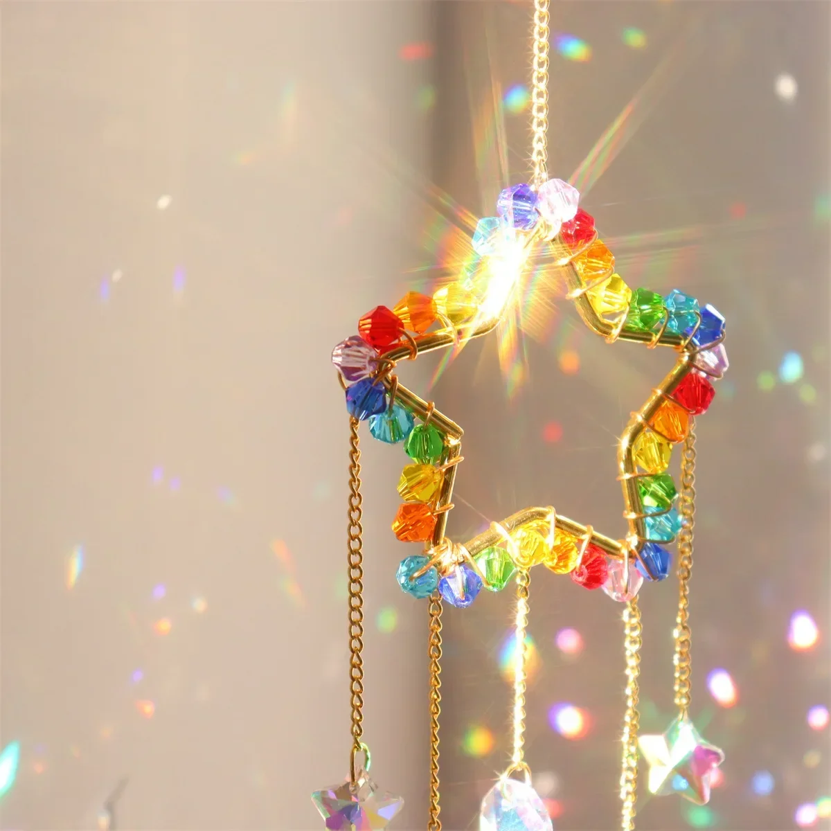 Chakra Glass Crystal Suncatcher Moon Star Heart Hanging Pendants Rainbow Prism Wind Chimes Garden Home Decor Christmas Ornament