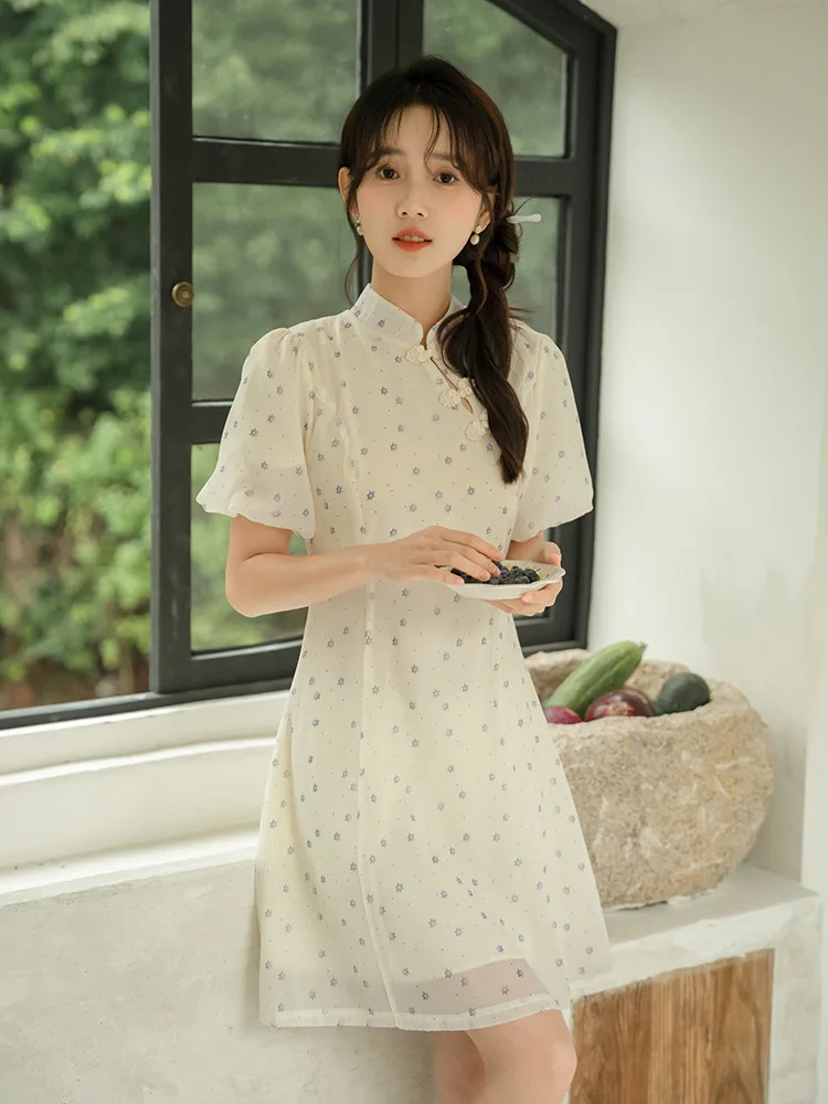 

New Chinese Frog Buckle Cheongsam Short Dress Women Artistic Grandiflorum Floral Puff Sleeve Slim Printed Dress Summer Women's