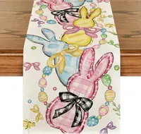 Easter Bunny Floral Bow Rabbits Eggs Linen Table Runner Party Decor Spring Farmhouse Kitchen Table Runner Easter Decorations 1