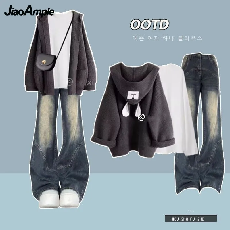 2024 Spring Autumn Korean Elegant Knit Sweater Coat+Bottom Shirt+Jeans 3 Piece Women's Hooded Cardigan Denim Pants Matching Set