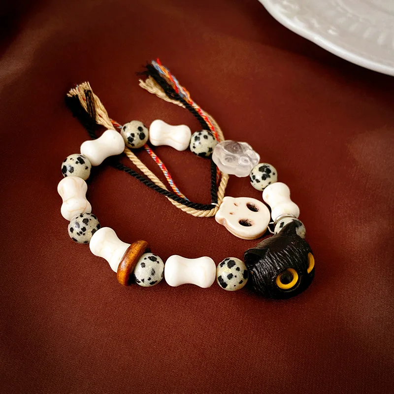 

Personalized Cat Head Cat's Paw Bone Skull Braided Rope Elastic Bracelet Fashion Ornament Women
