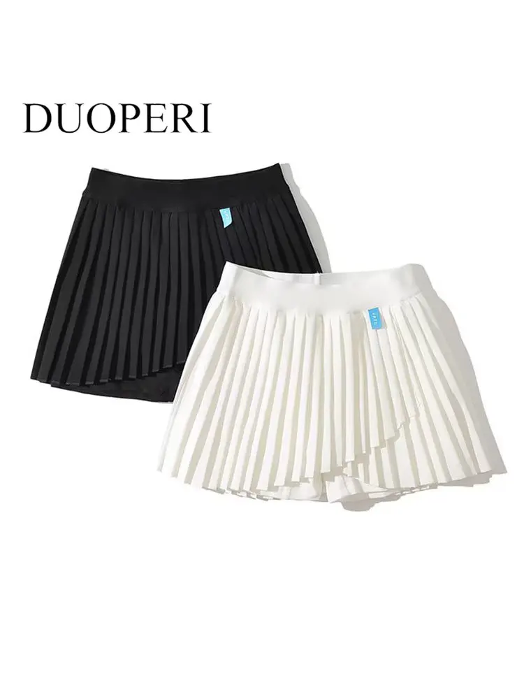 

DUOPERI Women Fashion Solid Pleated Mini Skirts Shorts Vintage High Elastic Waist Female Chic Lady Shorts