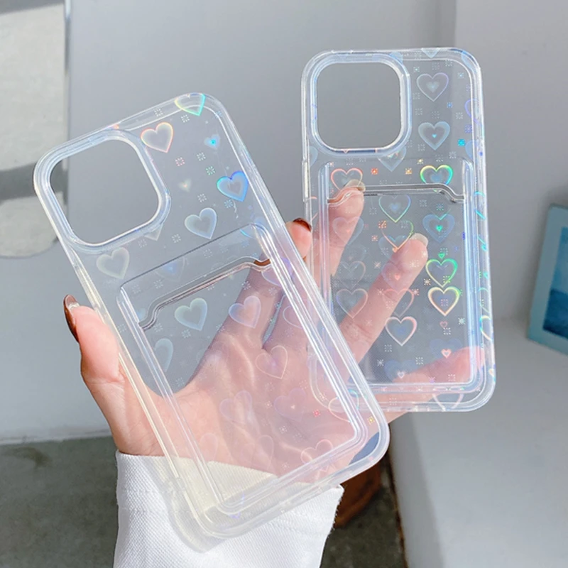 Transparent Laser Phone Case For iPhone 11 13 12 Pro Max XS X XR 7 8 Plus SE 2 Love Gradient Silicone Wallet Cover Card Holder 13 pro max cases