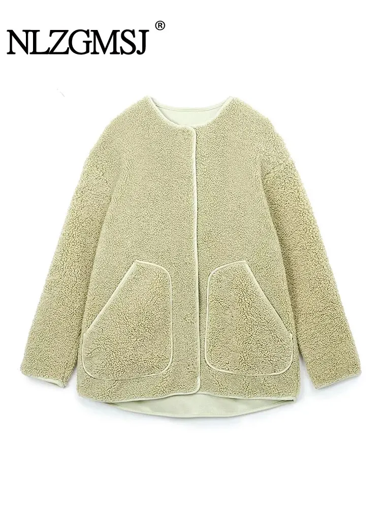 

Nlzgmsj TRAF 2023 Autumn Winter Beige Loose Lamb Wool Jacket Outerwear For Women Crewneck Long Sleeve Fleece Jacket Coat