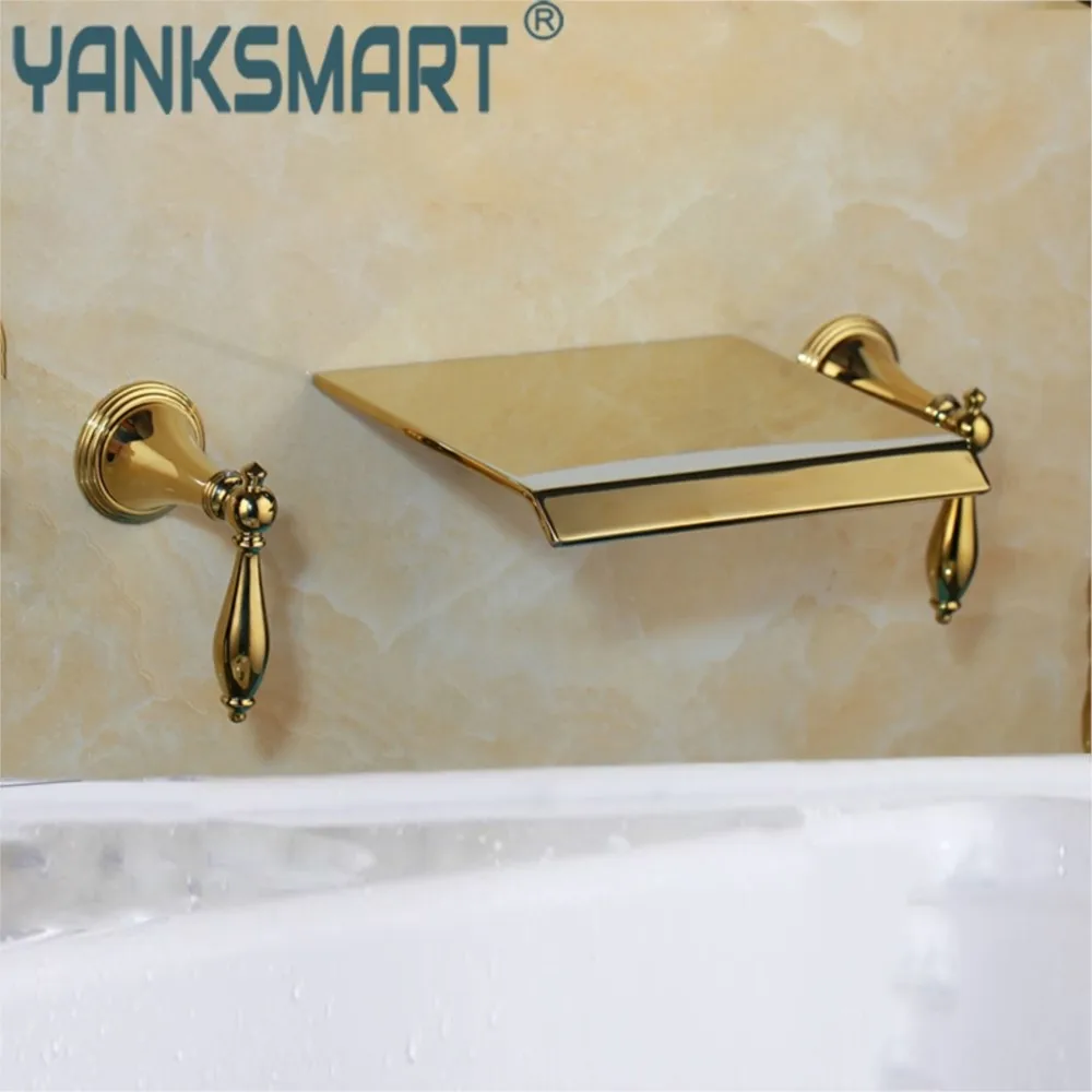 

YANKSMART Bathroom Faucet Waterfall Brass Gold Brass Faucet Wall Mounted Bathtub Faucets Hot and Cold Basin Sink Mixer Water Tap