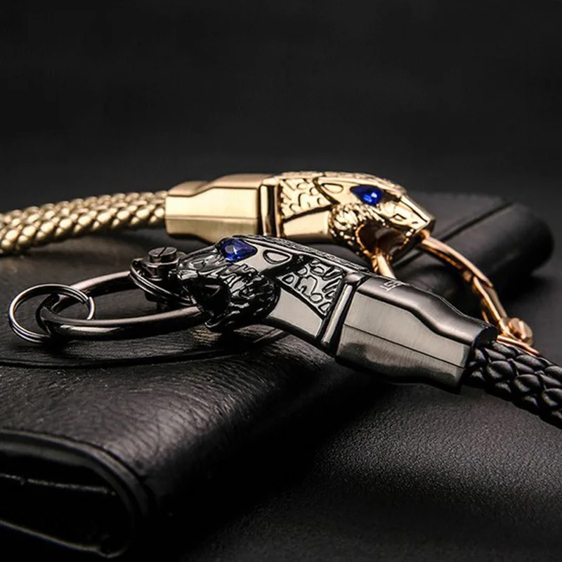 Genuine Leather Rope High-Grade Car KeyChain Leopard head