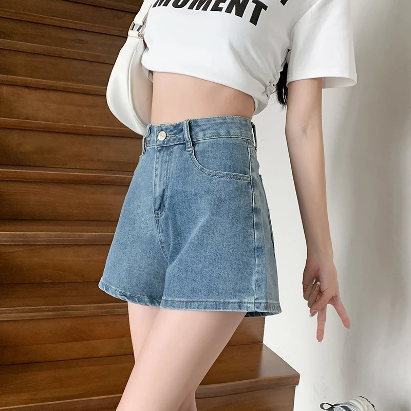 Real time shooting of small denim shorts women's retro blue shorts summer thin high waisted slim A-line wide leg pants hot girls