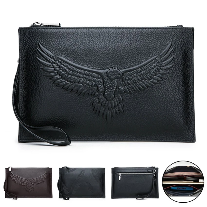 Fashion Leisure Embossing Men's Genuine Leather Wallet Clutch Bag  Zipper Long Wallet Large Capacity Handbag Wrist Bag
