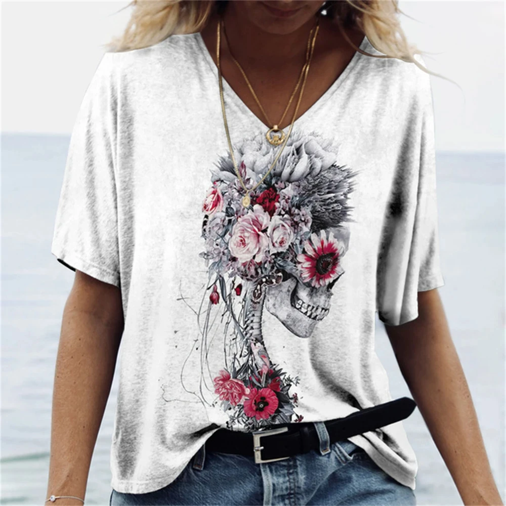 

2024 Summer Fashionable Women's Clothing Valentine's Day Rose Pattern T-Shirt 3d Printed V-Neck Sports Casual Short Sleeved Top