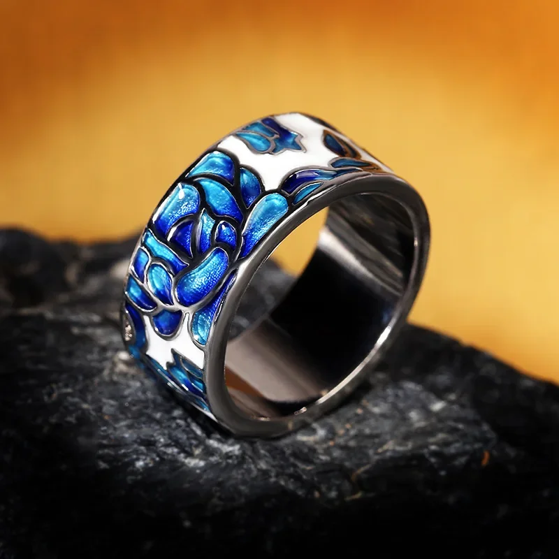 Silver Ring Wedding Rings Silver Rings Ladies Classic Epoxy Enamel Blue Flower Ladies Ring 925 Silver Jewelry Wedding Ring Bridal Jewelry Wide Silver