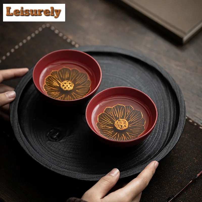 2pc/lot Palace Red Glaze Lotus Life Auspicious Teacup  Tea Bowl Tea Pair Tea-tasting Fragrance Cup Chazhan Master Cups Drinkware