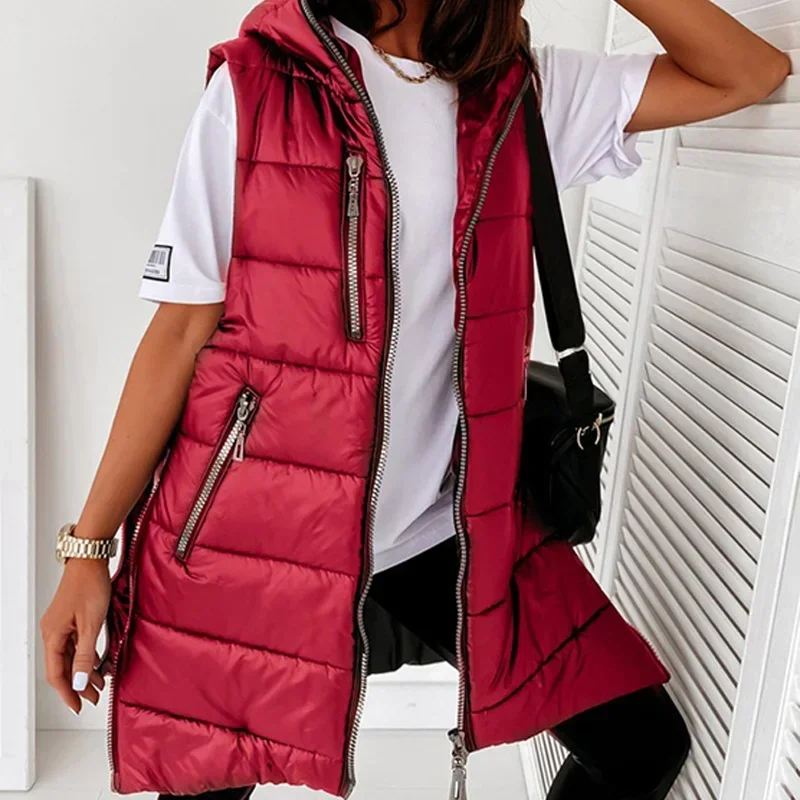 

Women Casual Streetwear Zipper Pocket Jacket Plus Velvet Quilted Coat Sleeveless Puffer Jackets Hooded Cotton Padded Waistcoat