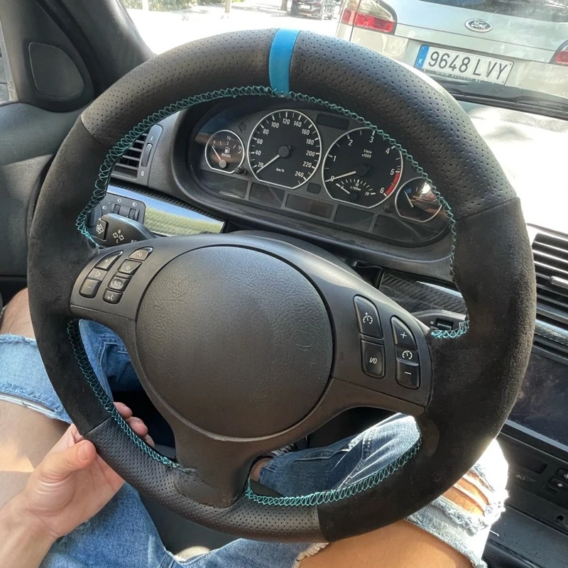 

Non-Slip Black Genuine Leather Suede Car Steering Wheel Braid Cover For BMW M Sport E46 330i 330Ci E39 540i 525i 530i M3 E46