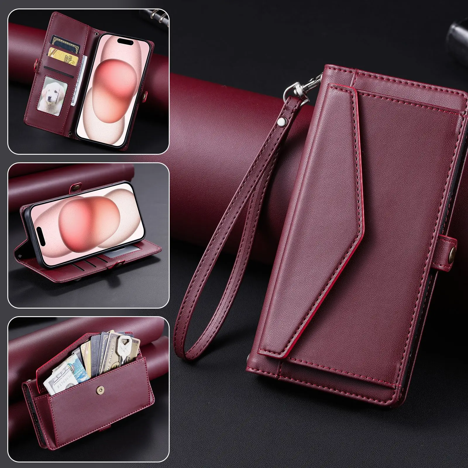 Leather Crossbody Flip Case with Lanyard and 3-Card Wallet Holder
