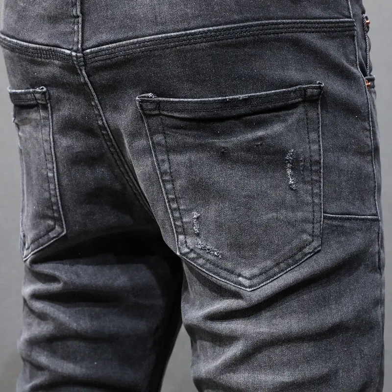 High Street Fashion Men Jeans Retro Black Gray Stretch Skinny Fit Ripped Jeans Men Painted Designer Hip Hop Brand Pants Hombre