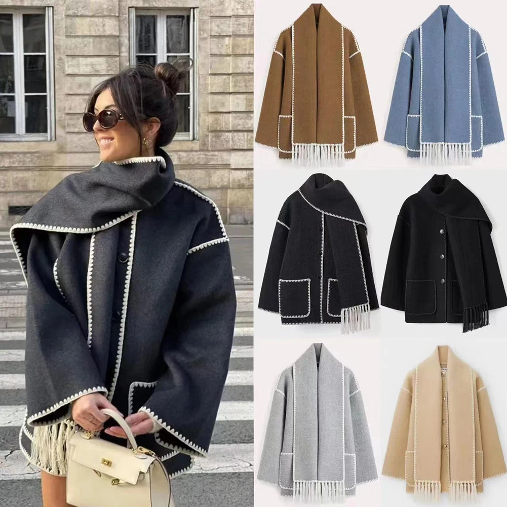 New 2023 Autumn Fashion Women's Coat With Scarf Elegant Female Long Sleeve Casual Warm Lady Jacket Vintage Female Winter Coats