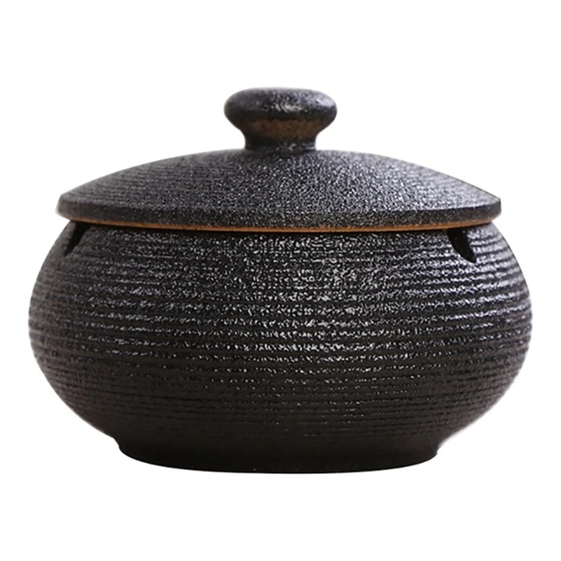 

3X Ceramic Ashtray With Windproof Lid For Indoor Outdoor Use -Black