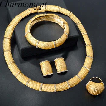 Elegant 18K Gold Plated Jewelry Set Women Luxurious Necklace Earrings Bracelet Ring 4pcs Jewelry Set Wedding Party Accessories