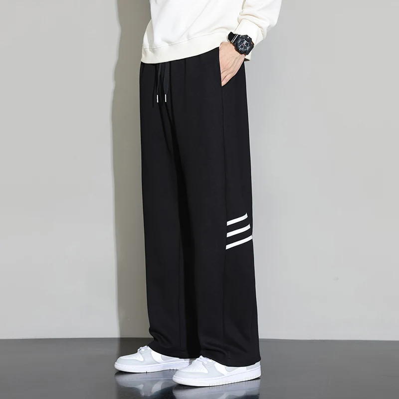 Men's Solid Spring Autumn Elastic High Waisted Pockets Striped Harlan Casual Loose Workwear Sports Trousers England Style Pants