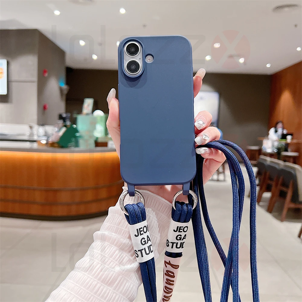 Crossbody Necklace Strap Cord Matte Soft Phone Case For iPhone 16 15 Pro Max 14 Plus 13 12 11 Liquid Silicone Shockproof Cover_voghion.com