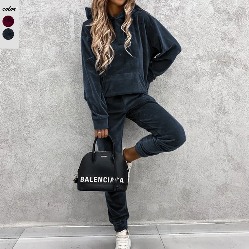 

Korean Velvet Spring Autumn Women Sport Suit Loose Hoodie Pant Outfits Running Jogger Fitness Workout Casual Set Tracksuit 2PCS