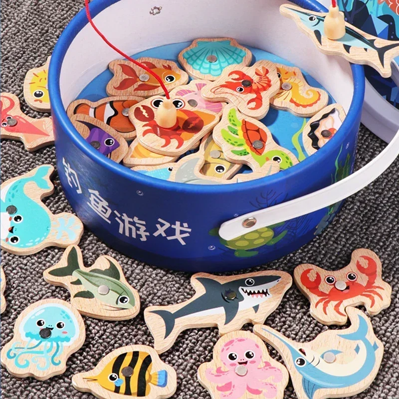 Wooden Magnetic Fshing Toy Marine Life Cognition Fish Rod Toys Children Early Educational Parent-child Interactive Board Game 6