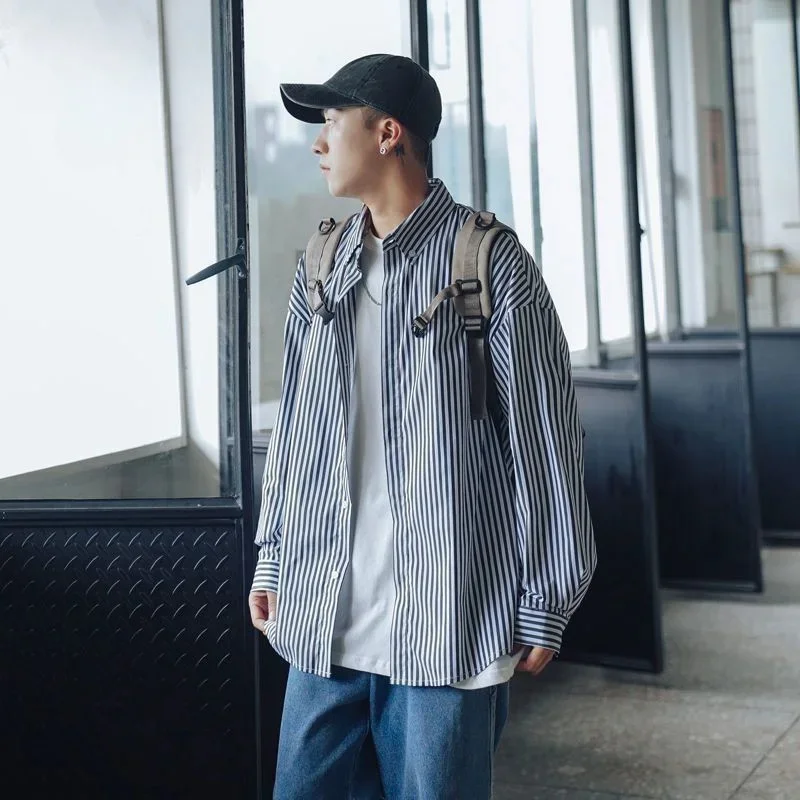 

2023 Spring Autumn Men Vintage Striped Long-sleeved Shirts Men's Loose Blouses Male Streetwear Oversize Casual I204
