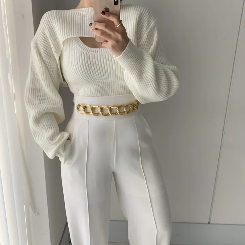 Autumn and Winter New Fashion Women's Clothing Two-piece Set Elegant Long-sleeved Sweater Sexy Vest Lady's Knitted Pullovers