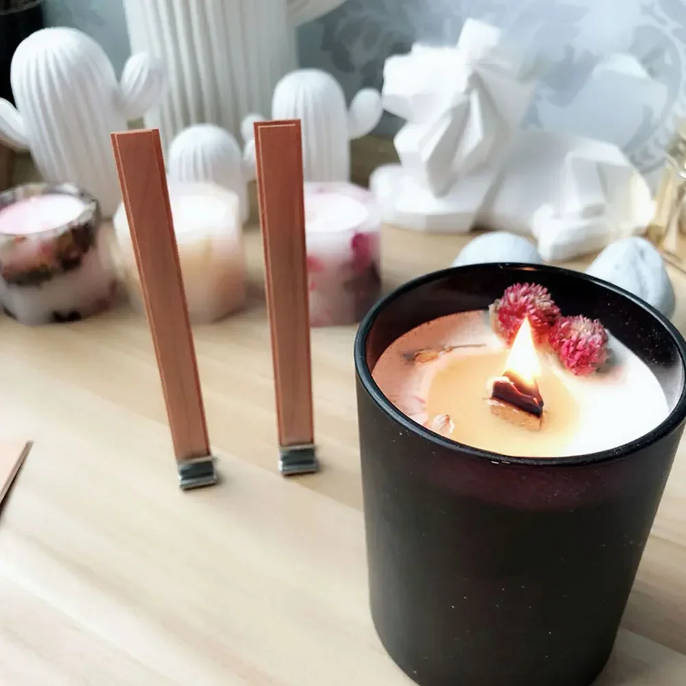 Description Picture 4 of item10 Pcs Flame Shaped Natural Wooden Wicks with Base Holder Candle Wick Wax Core Craft Candle Making Supplies Wave Soy Parffin Wax