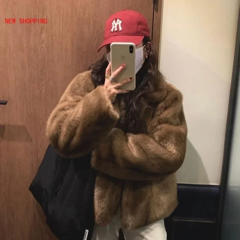 Mink Fur Coats Luxurious Brown Faux Fur Coat 2023 Spring Jacket Fur Fluffy Warm Elegant Women Loose Manteau Femme Hiver Winter