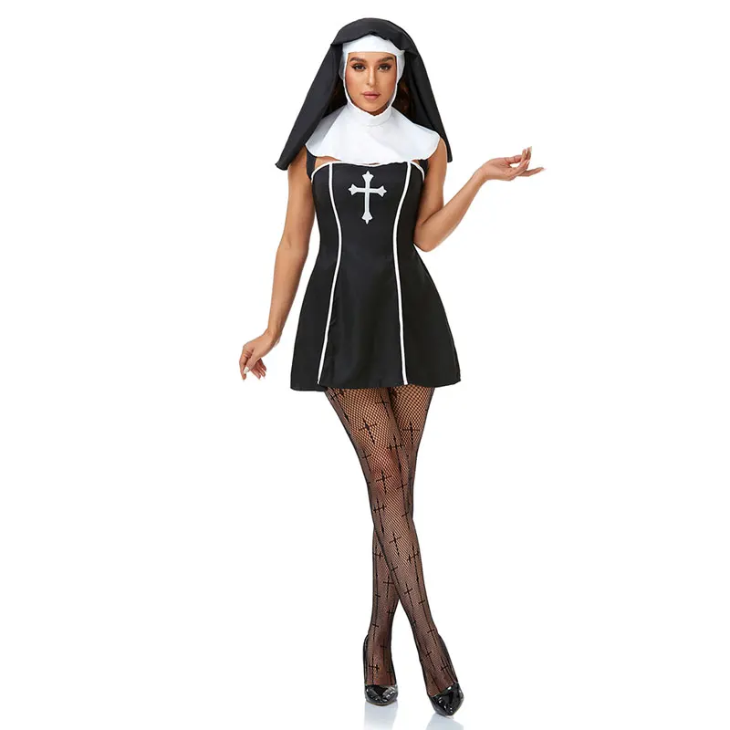 

Halloween Purim Adult Nun Sister Priest Fancy Costume Day of the Dead Bloody Scary Christian Catholic Missionary Cosplay Dress