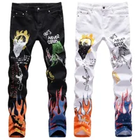 High Elastic Slim Fit 3D Color Printing Black White Pants Skeleton Graffiti Street Chaopai Men's Jeans 1