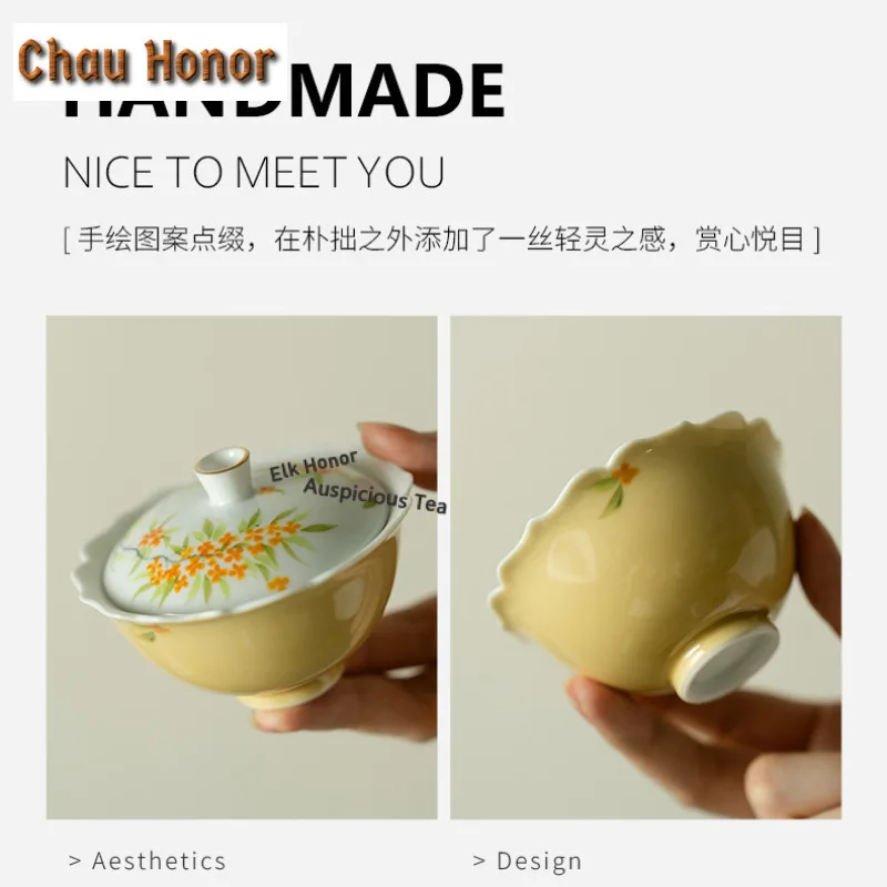 70ml Hand-painted Osmanthus Wheat Straw Yellow Gaiwan Ancient Tea Tureen Tea Bowl With Lid Kit Tea Making Cover Bowl Tableware