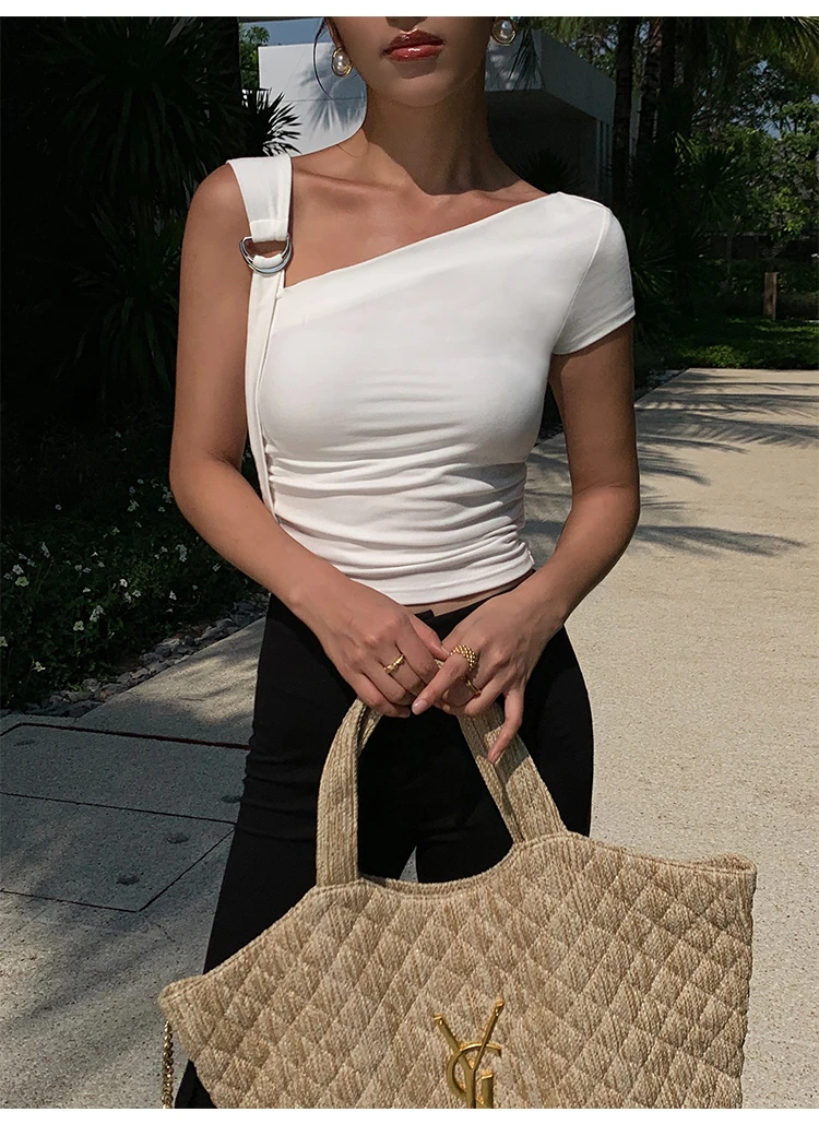 Women Tops Summer Sexy Off Shoulder Crop Tops Casual Female Sling T-shirt Short Sleeved Elastic Fashion White Tees Slash Neck