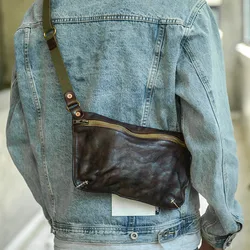 Fashion vintage natural genuine leather men's pleated chest bag outdoor high quality real cowhide teens daily crossbody bag