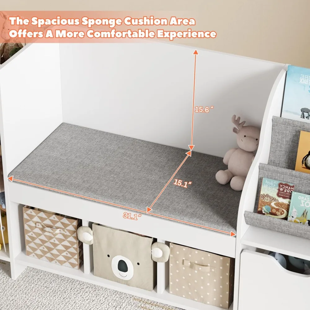 Kids Reading Nook with Bench, Toy Storage Organizer, Bookshelf with Seat Cushion, 3 Cubbies & Wheels for Playroom
