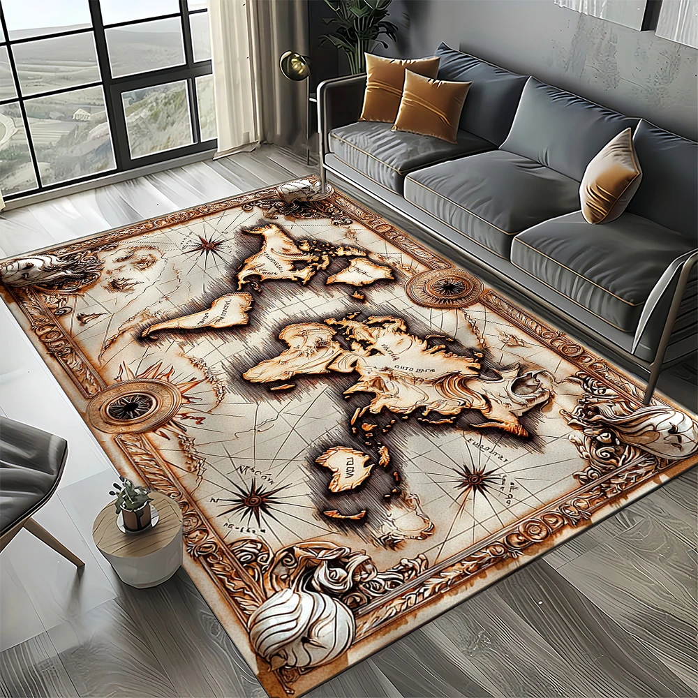 Nautical Map Rug – Retro Marine Compass Carpet | Non Slip Floor Mat for Living Room