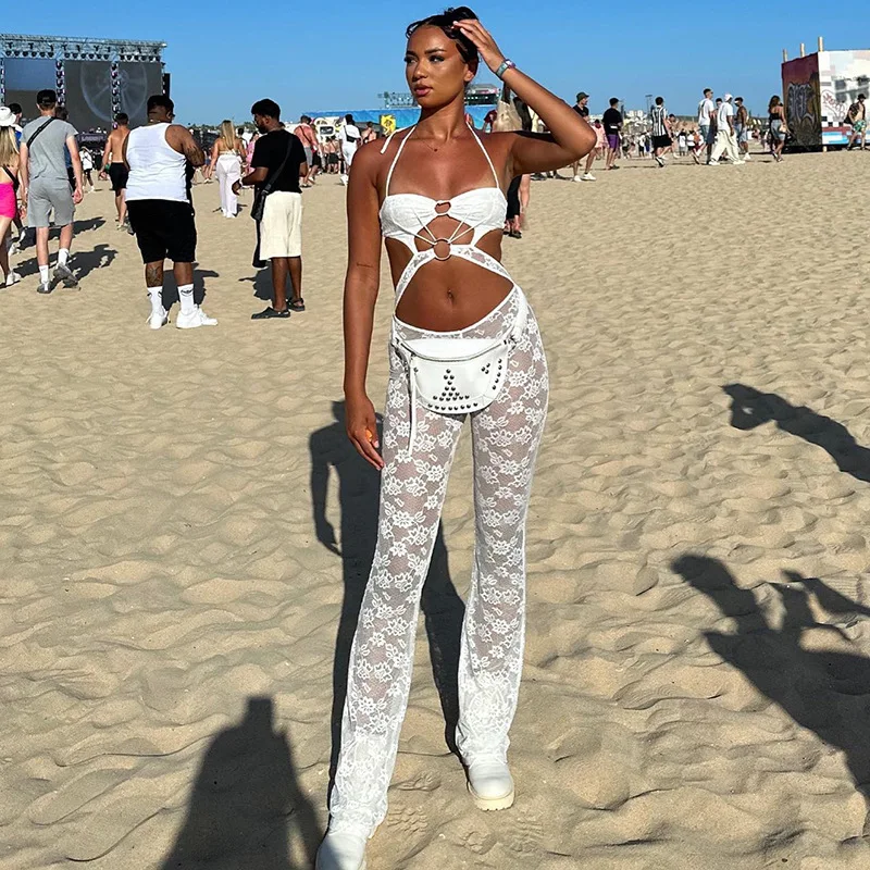 

Zabrina Female Sexy Lace Jumpsuits Fashion Hollow Out See Through Halter One Piece Jumpsuit Body Streetwear Party Summer Holiday